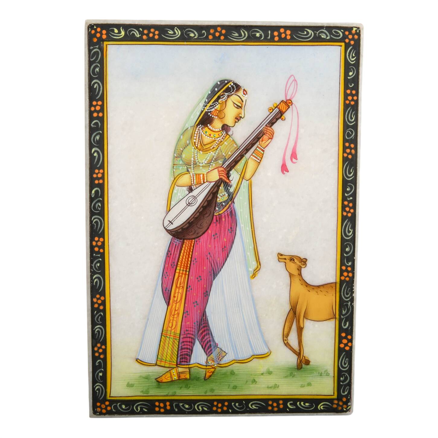 Todi Ragini Minature Painting on Marble of Heroine Nayika and Deer