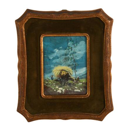 Signed Chilean Enamel on Copper Bucolic Oxcart Painting in Dome Glass