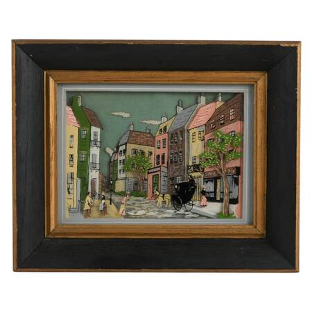 Framed Reverse Glass Painted "Cityscape"