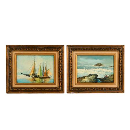 Framed Pair of Signed Boat and Coastal Scene Oil Paintings on Board