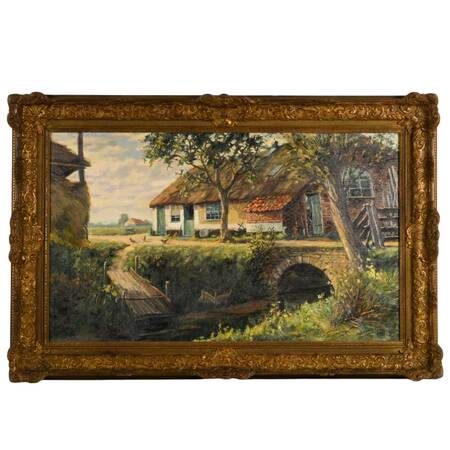 Framed Signed Dutch Cottage Scene Oil on Canvas