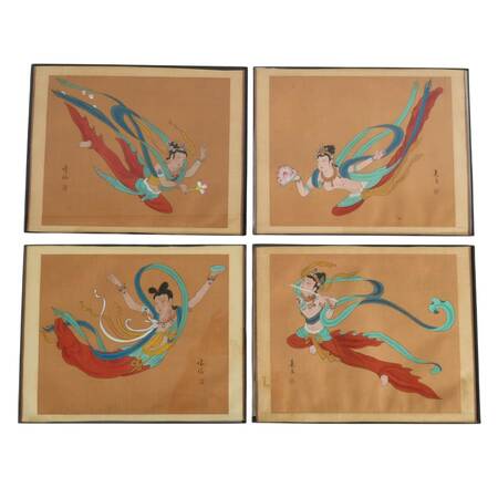 Set of Four Signed Chinese Flying Apsara Silk Paintings