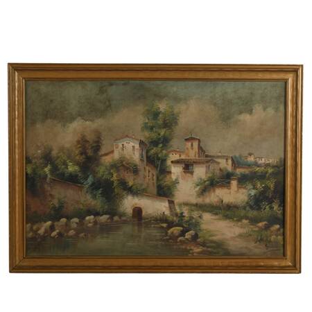 Antique Signed Vista Rural Oil on Canvas