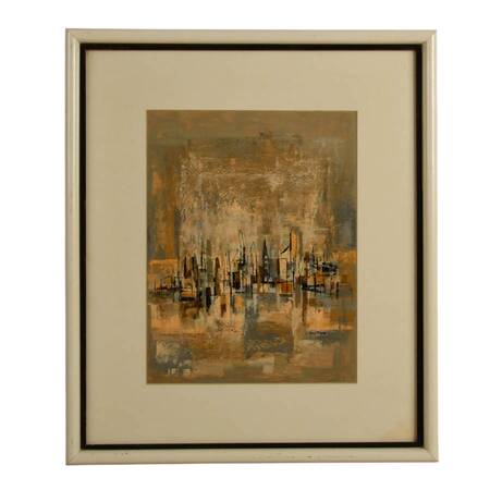 Mid-Century Modern Abstract Cityscape Oil on Canvas Signed Layton