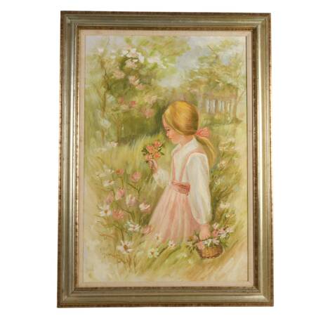 Framed Girl Picking Flowers Oil on Canvas Signed by Margery Doyle