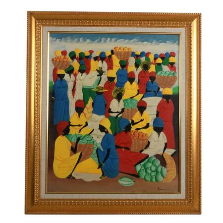 Framed Haitian Market Scene Oil on Canvas Signed Ernst J.J.
