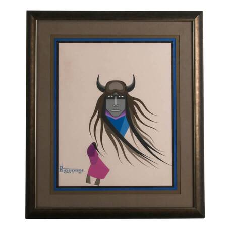 Framed "Buffalo Medicine Man" Acrylic Signed by Mars Biggoose in 1998