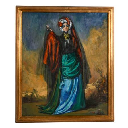 Framed Woman in Turban Oil on Masonite Signed H. Crespo