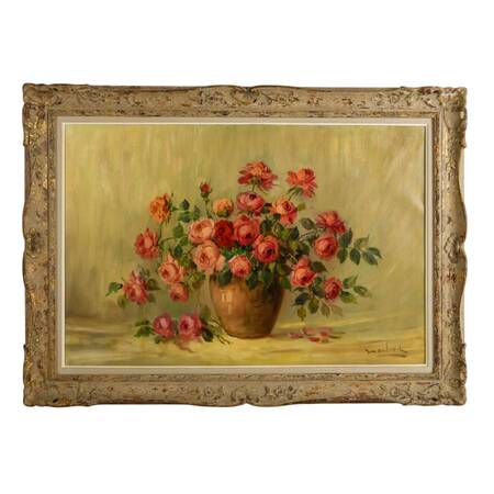 Framed Roses Still Life Oil on Canvas Signed by Martinil