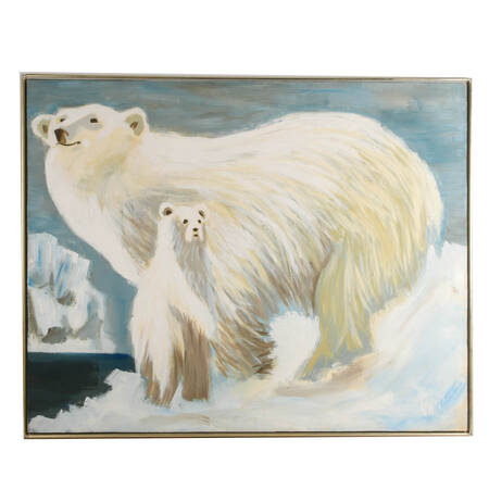 Framed Mother and Cub Polar Bears Oil on Canvas Signed Reynolds