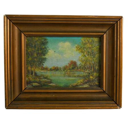Framed Small Lakeside Landscape Oil on Board Signed Roux