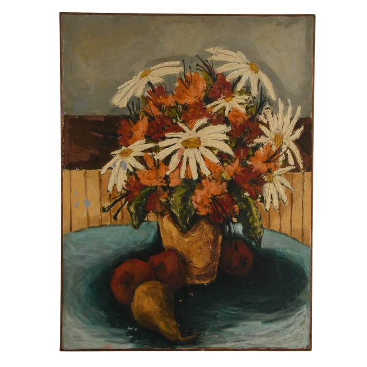 Framed Expressionist Floral Still Life Oil on Canvas Overpaint
