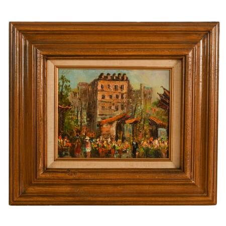 Framed Impressionist Parisian Street Scene Oil on Board Signed Calot