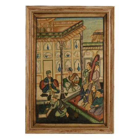Framed Mughal Miniature Gouache on Silk Canvas
