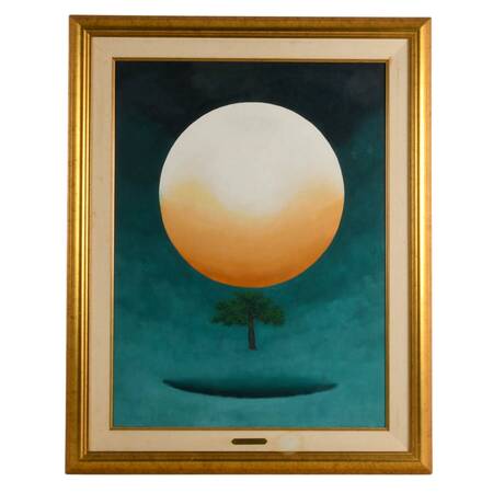 Surrealist Celestial Tree Acrylic Painting Attributed to Jorge Garcia Abreu