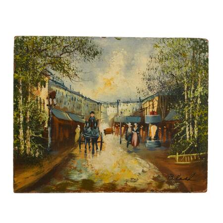 Signed Walter Blesh Small Victorian Street Scene Oil on Board