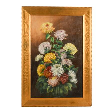 Framed Chrysanthemum Bouquet Still Life Oil on Canvas