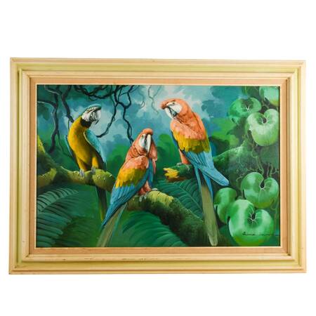 Framed "Three Parrots" Oil on Canvas Signed by Andre Lange