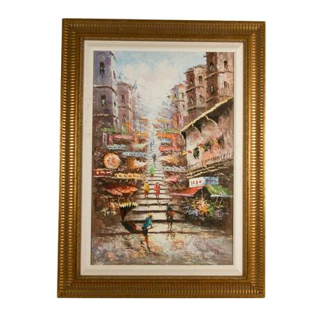 Framed "Ladder Street, Hong Kong" Oil on Canvas Signed by Tang Ping
