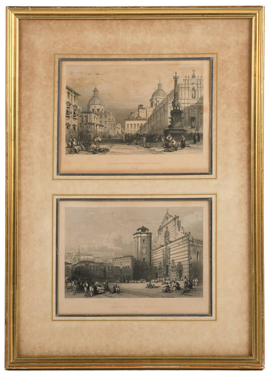 Framed City Square Etchings of Catania and Messina, Italy