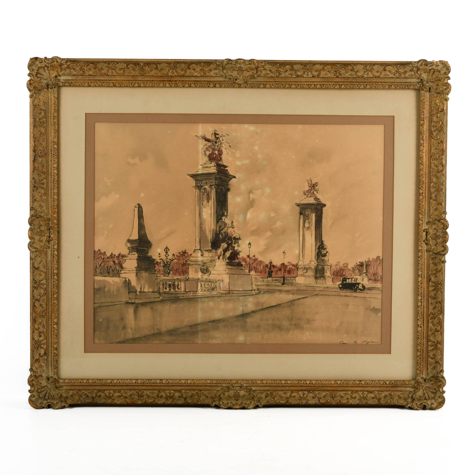 Framed Signed Guy de Neyrac Parisian Courtyard Watercolor Print