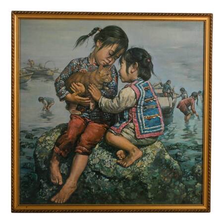 Framed "Children with Cat" Giclée on Canvas After Kee Fung Ng
