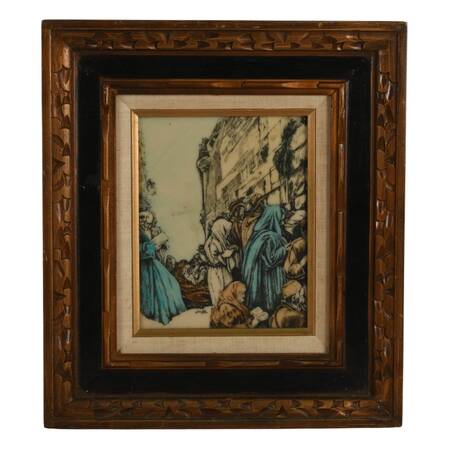 Framed "Western Wall" Ivorine Colored Etching Signed After Saul Raskin