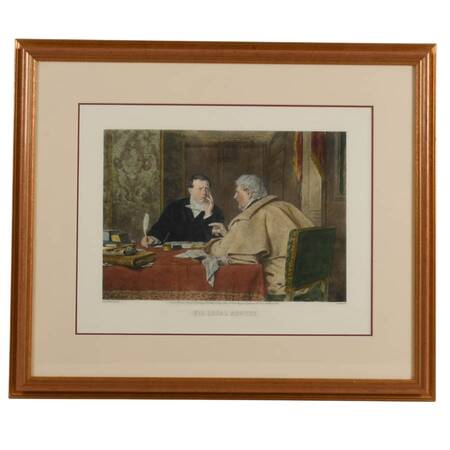 Framed "His Legal Adviser" Hand-Colored Engraving on Paper