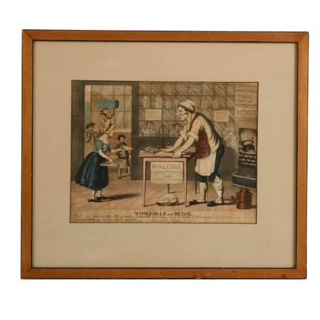 Framed "Wholesale and Retail" Hand-Colored Etching Engraved by Charles Hunt