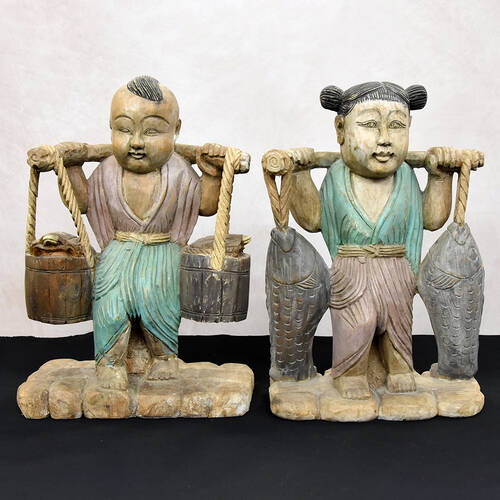 Hand-Carved Wooden Market Bound Villagers