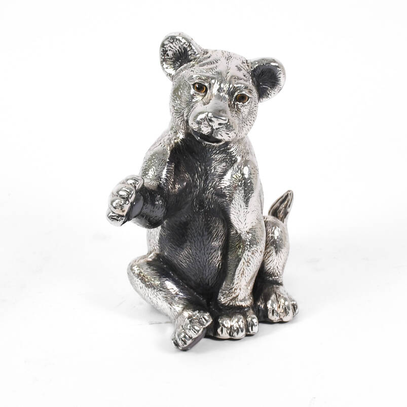 Silver Clad Playful Lion Cub Sculpture