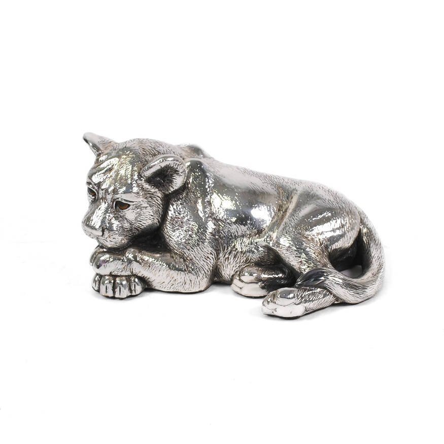 Silver Clad Laying Lion Cub Sculpture