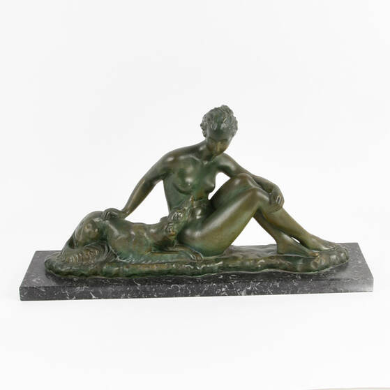 Antique Art Nouveau Chalkware Seated Woman with Dog on Marble Base
