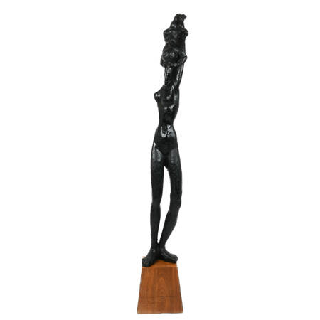 Tall Mother and Child Sculpture on Wood Base