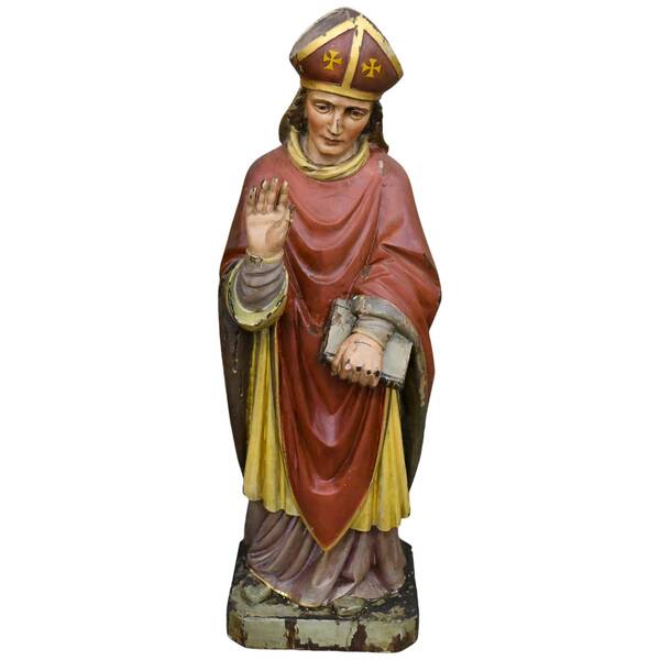 Carved Wooden Polychrome Bishop in Red Robes
