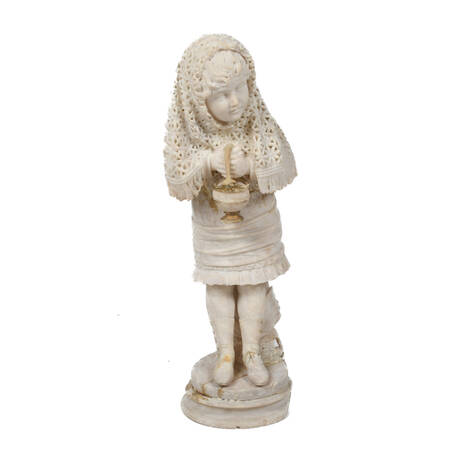 Signed Italian Carrara Marble Girl in Lacework Shawl Carrying a Basket