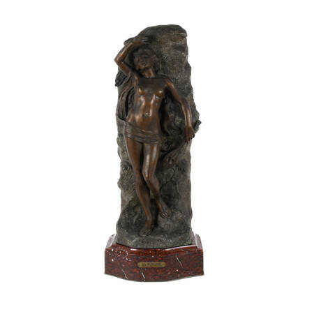Cast Spelter "La Cigale" Nude Statue on Rough Marble Base