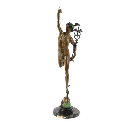 Bronze Flying Mercury Statue on Black Marble Base After Giovanni Bologna