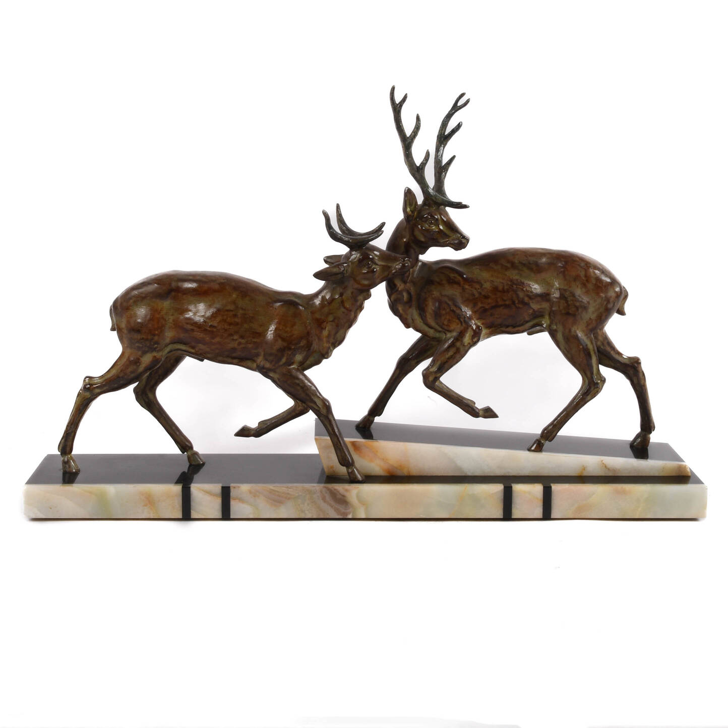 Signed Giiot Art Deco Bronze Leaping Stags on Marble Base