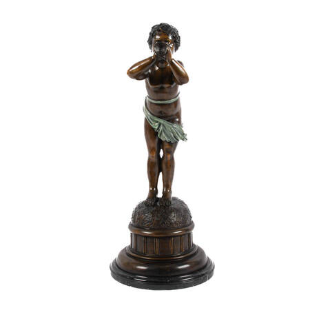 Bronze Boy Figure on Marble Base Blowing a Bugle