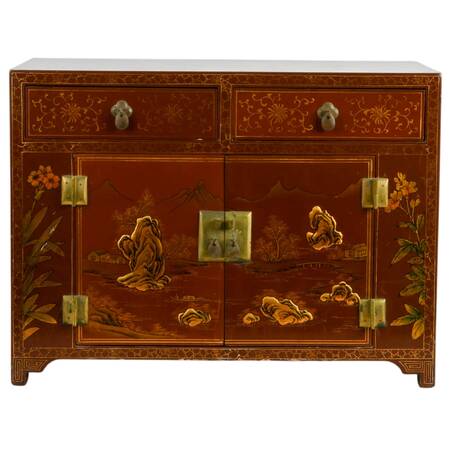 Chinese Red Lacquer Cabinet with Hand-Painted Landscape Scenes
