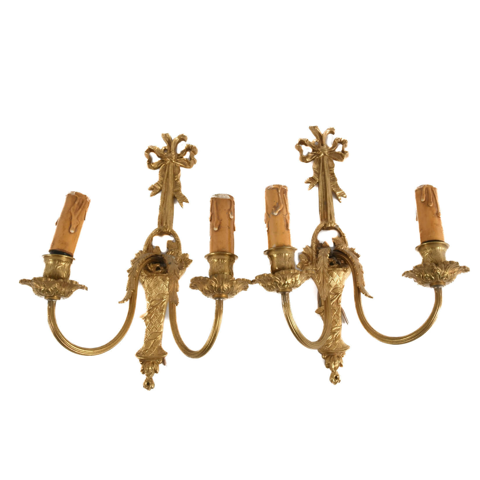 Antique Pair of French Brass Ribbon Form Wall Sconces