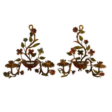 Antique Pair of French Tôle Peinte Floral Wall Sconces