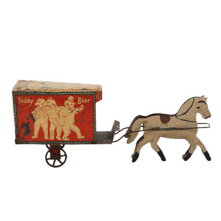 Antique German "Teddy Bear" Friction Tin Horse and Carriage Toy