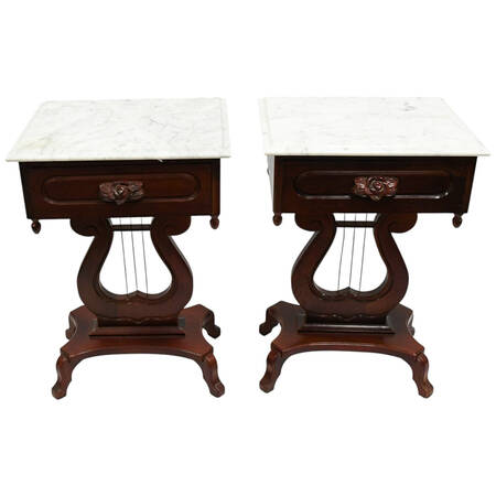 Pair of 1940s Kimball Wood Empire Style Lyra Side Tables with Marble Tops