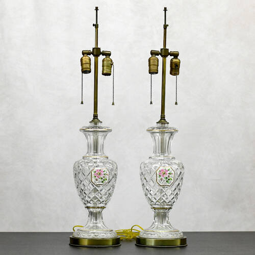 Bohemian Hand-Painted Enameled Rose Medallion Detail Cut Crystal Lamps