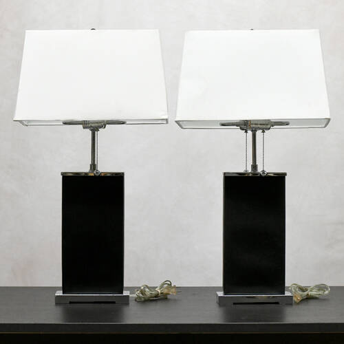 Black Leather and Silver Chrome Dual Light Table Lamps