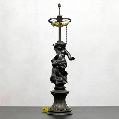 Antique Dark Patinaed Two Brothers Converted Oil Lamp without Shade