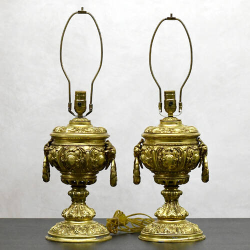Neoclassical Ornate Ram Head Gold Table Lamps