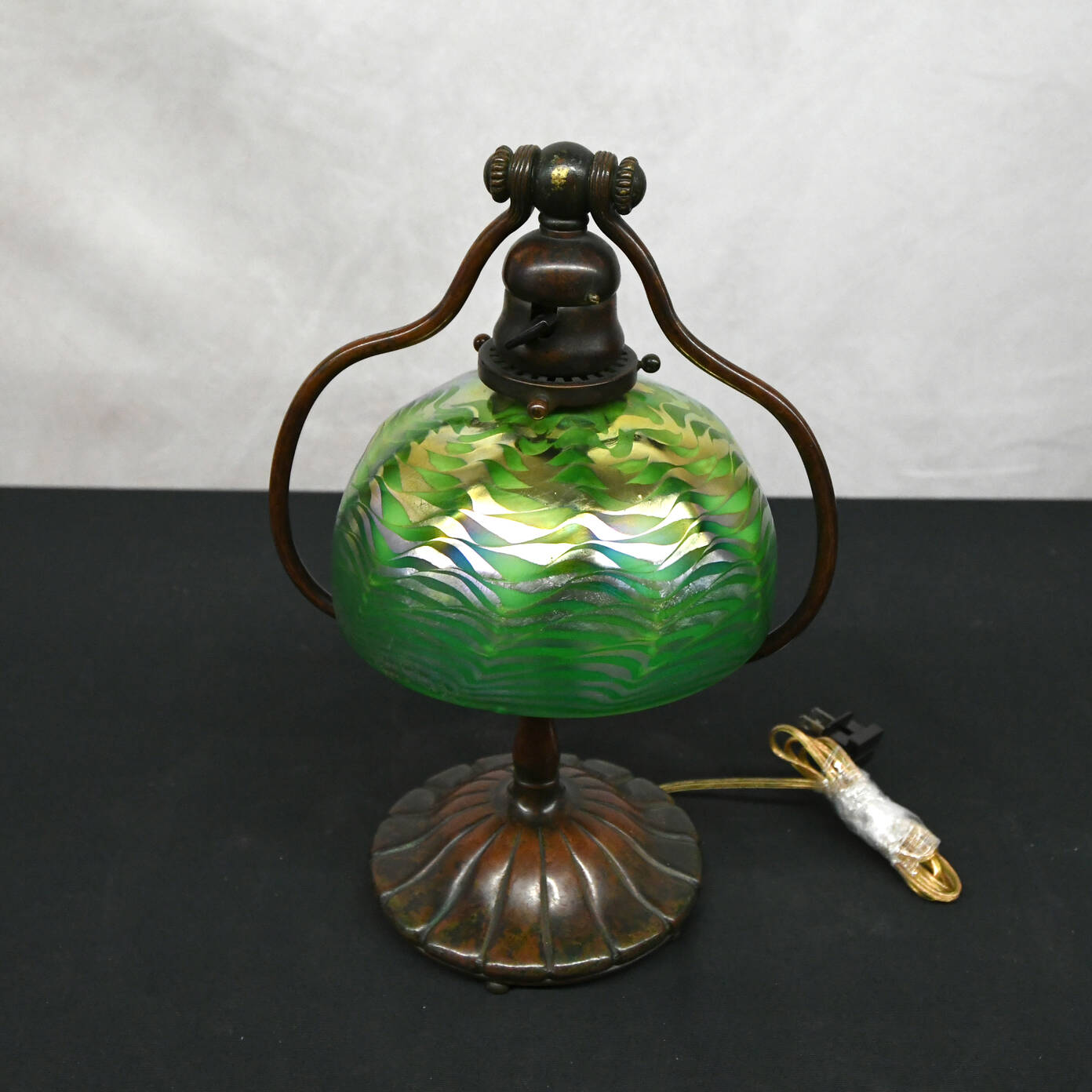 Tiffany Harp Lamp with Green Iridescent Damascene Glass Shade